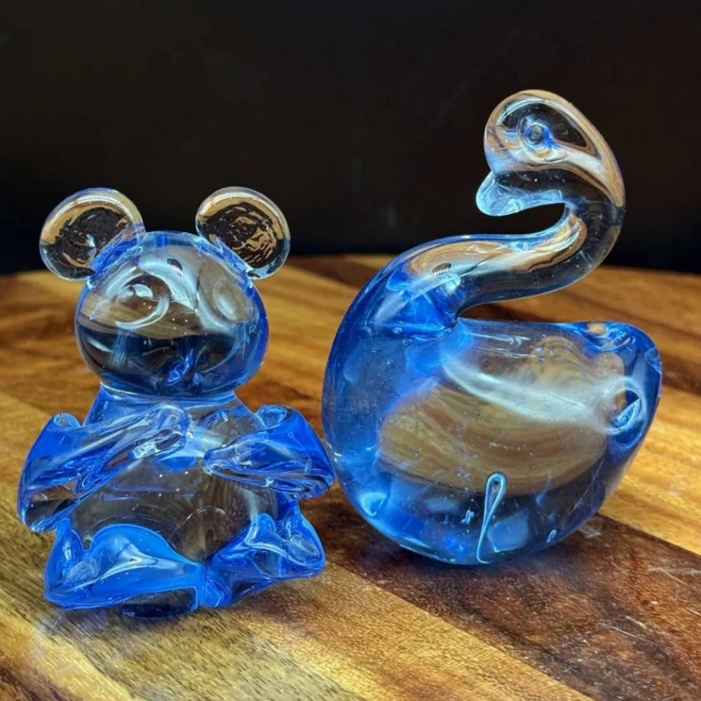 Blue Art Glass Swan & Teddy Bear Figurines Set – Hand Blown Style Vintage Decor